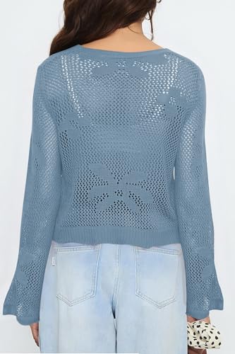 Image of Balimtoy Women Tie Front Cardigan Crochet Sweater Crop Tops Cute Bell Long Sleeve Knit Shrug Beach Vacation Cover Up