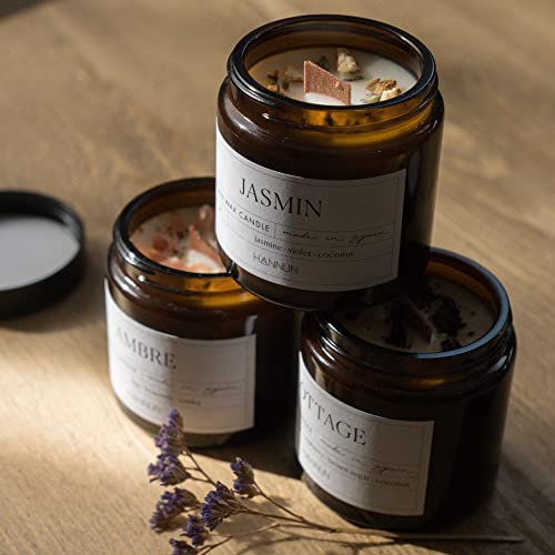 HANNUN - Velas Aromáticas Eliette | 3 Velas Decorativas con Olor | Esencias Naturales | Hechas de Soja Ecológica, Mecha de Madera | 3 Aromas Distintos Cover