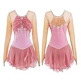 Zagitova Eiskunstlaufkleid for Damen Netzstoff Lange Ärmel Eislaufkostüm for Wettkämpfe, Mädchen Tanzsportbekleidung(Pink_XL)