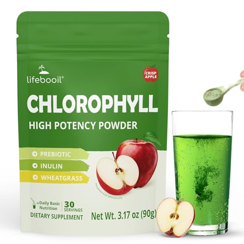 Lifebooil Chlorophyll Powder 120mg Clorofila for Drinking Supports Alkalization Gut Health & Clean Energy 30 Servings (Crisp Apple)