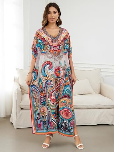 Image of IMAGEKOPE Women's Plus Size Loose Fit Moroccan Print V-Neck Batwing Kaftan Beach Dress Bathing Suit Cover Up