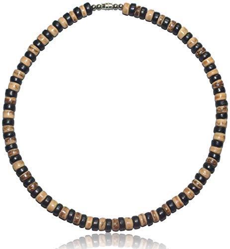 Native Treasure 14" Inch X-Small Black And Tiger Wood Coco Shell Bead Surfer Necklace Choker With Barrel Lock Clasp - 8Mm (5/16") #TOP12