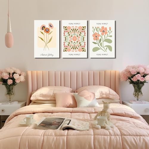 Image of SKYRISE 3 PCS Boho Floral Canvas Wall Art, Rustic Botanical Canvas Paintings Prints ArtWork for Living Room, Vintage Flower Pictures for Farmhouse Dining Room Hallway Bedroom Wall Decor 16 inchx24 inch
