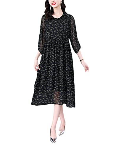 Robe midi vintage en soie fluide et respirante à col à volants noir