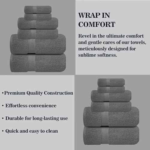 Image of Sulfar 100% Combed Cotton, 6 Pcs Towel Set - 2 Bath Towels (70 x 140 cm), 2 Hand Towels (40 x 70 cm) and 2 Washcloths (30 x 30 cm) (600 GSM, Pack of 6) Grey
