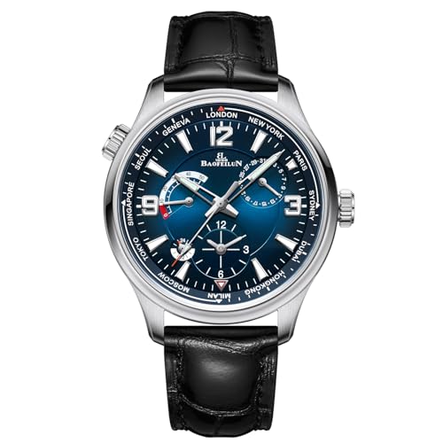 BAOFEILUN Uhren Herren Automatik mit GMT, Gangreserve, 24h Anzeige & Zeigerdatum - Saphirglas, Italienisches Kalbsleder, 50m Wasserdicht - Ideal für Reisen & Business - PB1303