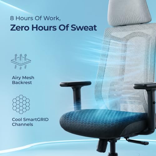 Image of The Sleep Company SwivL Ergonomic Office Chair | Mesh Backrest with Dual Spring Loaded OmniSwivel Technology | SmartGRID Technology Seat | Adjustable Headrest & Armrests | 135 Recline | Grey