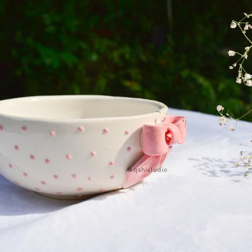 Image of Handmade Ceramic Pinterest Bowl - Pink Bow | Aesthetic Breakfast Adorable Microwave Ceramic Bowl - 450 ml