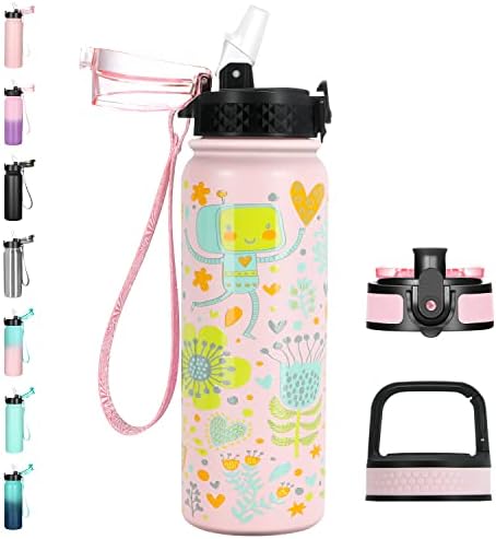 Stainless Steel Water Bottle Sports Flask Vacuum Insulated Bottle 600ML Water Bottle with Straw Double Walled and BPA Free Drinks Bottle 3 Lids for Work, Gym, Travel and Sports (Stainless Steel)