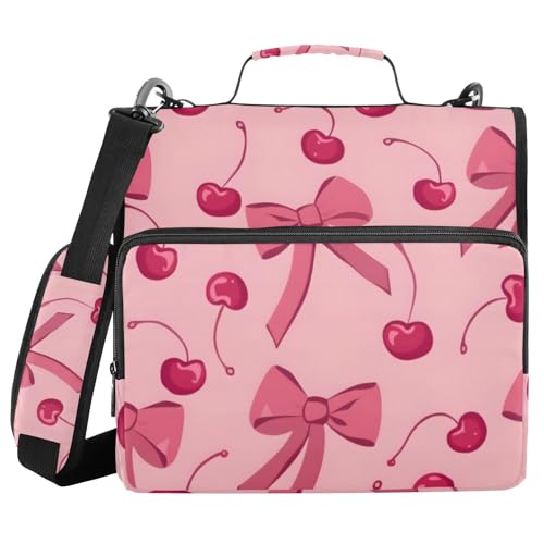 Image of Bow Cherry Pink Zipper Binder Bag 3 Ring Binder with Shoulder Strap Zip Up 500 Sheets Capacity Multi Pockets for School Office Supplies
