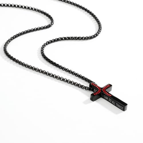 LSKFW Baseball Necklace for Men Confirmation Bible Verse Baseball Stainless Steel Cross Pendant Necklaces 18+2Inches (Black)