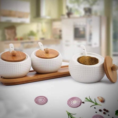 Image of 3 Pcs Porcelain Condiment Jar Spice Container with Bamboo Lids and Spoon Seasoning Pots for Kitchen, Coffee Bar, 30x10 cm