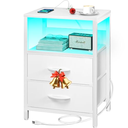 Image of Yoobure Nightstand with Charging Station, LED Night Stand with Fabric Drawers and Storage Shelf for Bedroom, Nightstands Bedside Tables with USB Ports & Outlets, Small Night Stands, Bed Side Table
