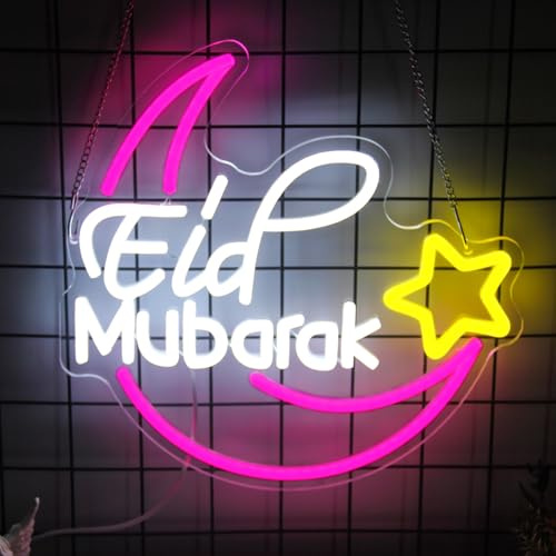 Image of Eid Mubarak Neon Sign Islamic LED Lights for Wall Mosque Eid Al Adha Decor | Eid Al Fitr Supply, Ramadan Mubarak Decoration, Dimmable Moon Star Neon Light, Muslim LED Sign, Acrylic Wall Art, USB Powered