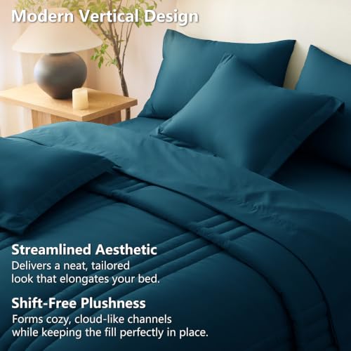 Image of CozyLux King Size Comforter Set Lyons Blue - 7 Pieces Bed in a Bag, Modern Vertical Quilted Room Decor, Soft All-Season Bedding Gift with Comforter, Sheets, Pillowcases & Shams