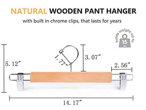 Amber Home 14.17" Solid Natural Wooden Pant Skirt Hangers 10 Pack, Bottom Hangers For Slacks Trousers Jeans With 2-Adjustable Anti-Rust Clips (Natural, 10 Pack) #TOP1
