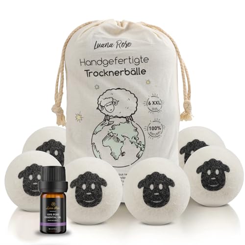 Luana Rose Bolas de secado para secadora, juego de 6 + 1 aceite esencial, bolas de secado de lana de oveja 100% pura, bolas de lana para plumón, color blanco