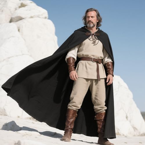 keland Mittelalter Umhang Leinen Kapuzenumhang Renaissance für Damen Herren Halloween (Schwarz)