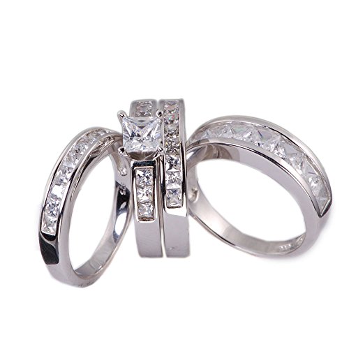 Sunee Jewelry And Gift His & Hers 4pc Matching Princess Cut Bridal Engagement Wedding Ring Set 925 Sterling Silver Cubic Zirconia (Mens 10 Womens 5)