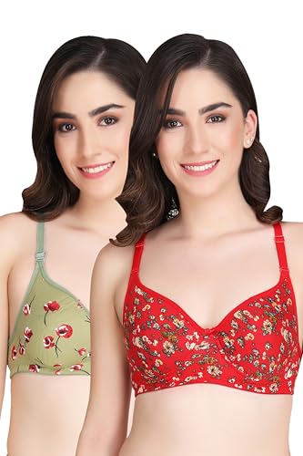 Image of Flower Print Bra for Women - Made of Pure Cotton Full Coverage Non Wired Pushup Soft Cup for T-Shirt Saree Dress Sports Garment for Daily Use Everyday