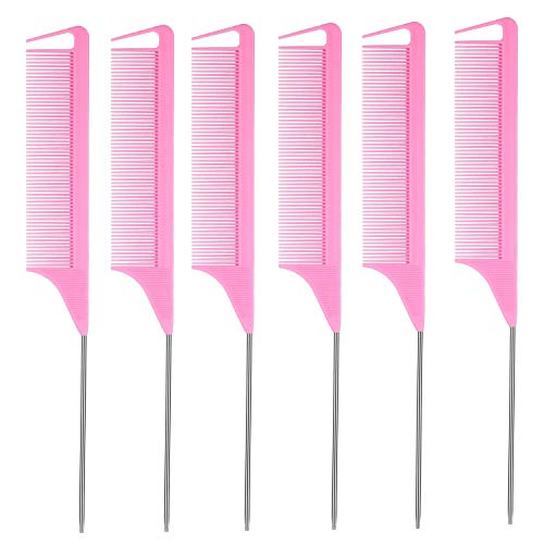 6 Packs Professional 9.1 Inch Rat Tail Comb - Pink Carbon Fiber And Stainless Steel Pintail - Chemical And Heat Resistant Teasing Comb For Hair Stylist- Lightweight Rat Tail Comb For All Hair Types