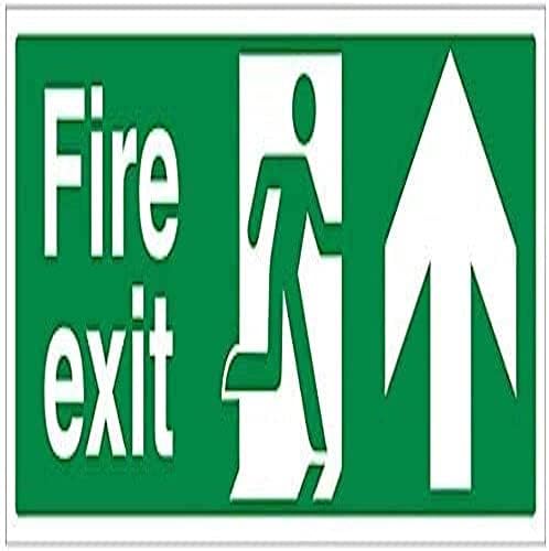 VSafety Fire Exit Arrow Up Sign - Landscape - 450mm x 150mm - 1mm Rigid Plastic