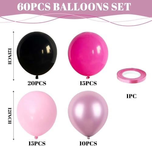 Image of Pink and Black Balloons, 60PCS Hot Pink Black Balloon Set, 12Inch Pastel Light Rosa and Metallic Latex Balloons for Girls Women Princess Birthday Bachelorette Baby Shower Beauty Party Decorations
