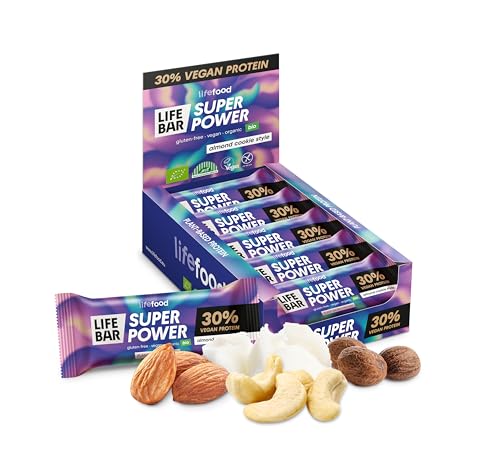 Lifefood High Protein Riegel - SuperPower 30% Proteinriegel - Protein Bar, Eiweißriegel Snack, BIO Vegan, Glutenfrei, Laktosefrei, Ohne Zuckerzusatz - 15er Pack (15 x 40 g) (Almond Cookie)