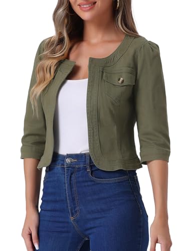 Allegra K Women's Denim Cardigan 3/4 Sleeve Collarless Jean Jackets