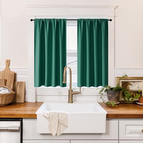 Image of RYB HOME 100% Blackout Short Curtains for Small Window, Thermal Insulated Total Room Darkening Noise Reducing Curtains for Kitchen Bathroom Basement, 42 inches Wide by 36 inches Long, Dark Green