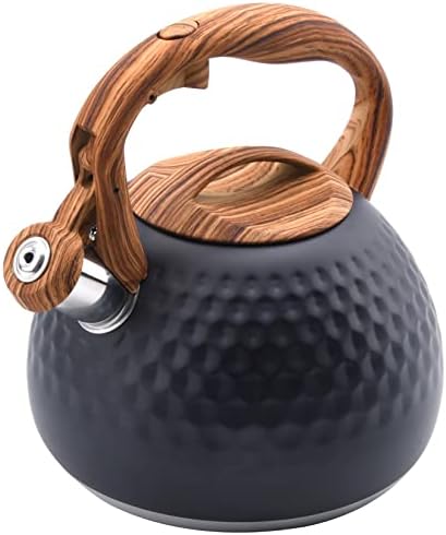 Foedo Tea Kettle, 3.2 Qt Stainless Steel Whistling Tea Kettle for Stove Top, Food Grade Teapot with Wood Pattern Handle for Coffee, Tea, Milk etc, Gas Electric Applicable (Black)