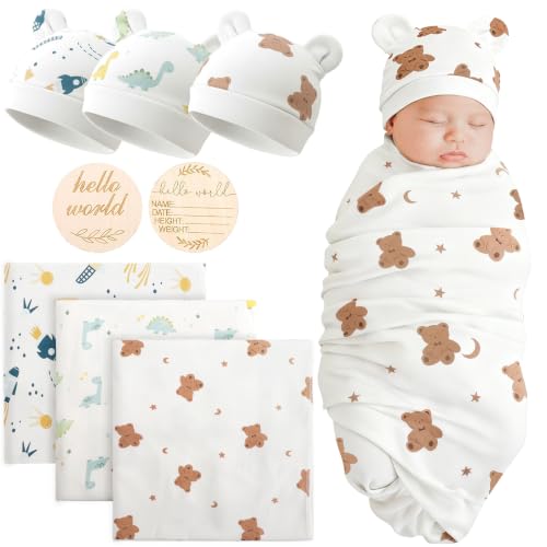 DRESHOW BQUBO Cotton Baby Swaddle Hat Set Newborn Infant Receiving Blankets with Bear Ears Hat Wooden Birth Announcement Card Newborn Unisex Swaddle Wrap Sets Warm Shower Gift
