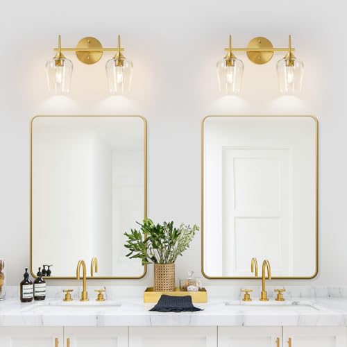 Image of MOKATNG 2-Light Bathroom Light Fixtures, Gold Vanity Lights for Bathroom with Clear Glass, Bathroom Lighting Fixtures Over Mirror, Modern Wall lamp for Cabinet Hallway