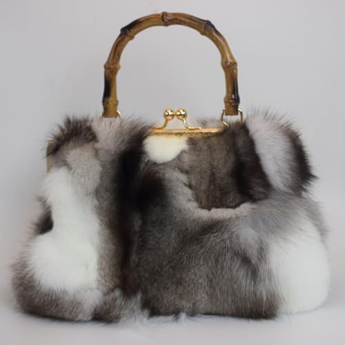 Fosrion Real Fox Fur Handbag – Vintage Kisslock Purse with Bamboo Handle, Patchwork from Ethically Sourced Nordic Fur2
