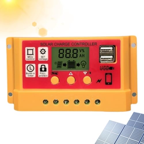 Controlador de batería solar, controles de carga para paneles solares, regulador de 12 V/24 V con LCD ajustable, doble conexión USB, múltiples modos de control de carga para exteriores, camping