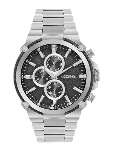 Image of French Connection Astro Multifunction Black Round Dial Stainless Steel Strap | Casual | Premium | See Through Feature | Sunray Feature Wrist Watch for Men - FCH18BSM