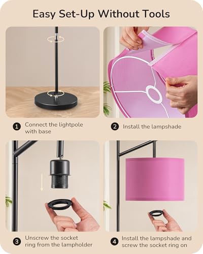Image of EDISHINE Pink Modern Floor Lamps for Living Room, 64.7 inch Arc Standing Lamp | 3CCT LED Bulb Included, Adjustable Linen Shade, Foot Switch, Tall Light for Office, Bedroom, Living Room