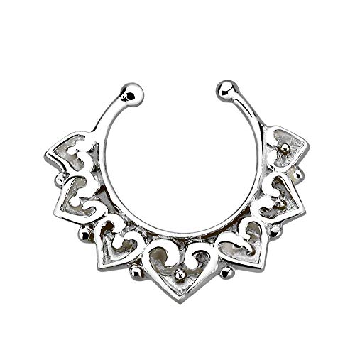 Pierced Owl 18G Sterling Silver Engraved Tribal Heart Design Clip On Non-Piercing Septum Ring #TOP17