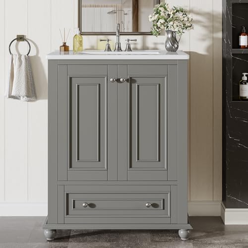 Tribesigns 24" Bathroom Vanity with Ceramic Sink Combo, Freestanding Bathroom vanities Storage Cabinet with 2 Doors & 1 Drawer, Solid Wooden Frame & Coated Surface, Metal Handle (Grey, 24 Inch)