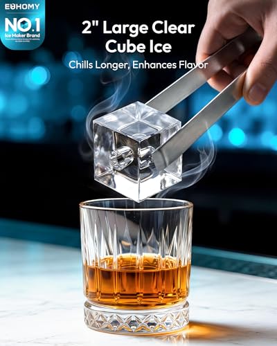 Image of EUHOMY 2'' Clear Ice Cube Maker Countertop with APP, 2 Square Ice Ready in 27 Mins for Whiskey, Slow-Melting & Self-Cleaning, 110 Pcs /Day, 24H Timer, Clear Ice Maker with Ice Tong for Home /Bar /Party