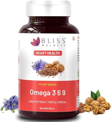 Bliss Welness Organic Omega 3 6 9 2000mg | Omega3 ALA 1000mg Omega 6 LA 274mg Omega 9 OA 400mg Essential Fatty Acid | Heart Cholesterol Brain Eye Immunity Health Supplement - 60 Softgel Capsules