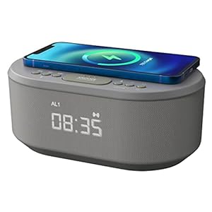 i-box Bedside Wireless Charging Non Ticking Radio Alarm Clock with Dimmable LED Display – Mains Powered Dual Alarm Clock…