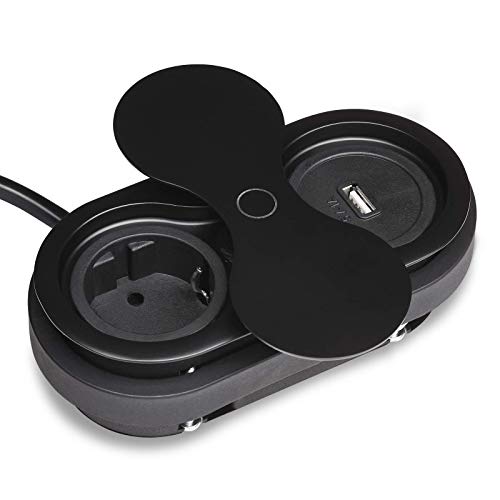 SOTECH Presa da incasso (1 x connessione USB / 1 x presa Schuko) nera incl. spina con coperchio a cerniera apribile Elemento di presa per piani di lavoro e scrivanie