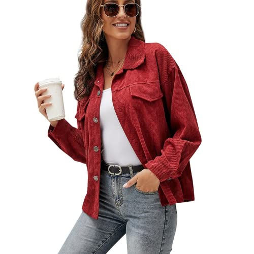 ZPLMIDE Chemise à manches longues en velours côtelé d'automne/printemps, veste décontractée de couleur unie à revers pour femmes S-2XL, rouge, L Cover