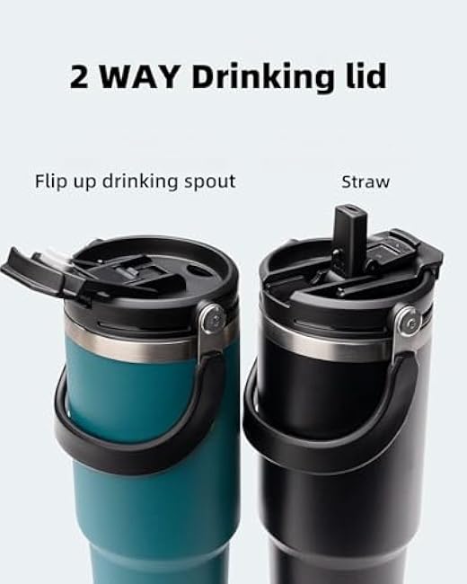 2-in-1 Lid 30oz Insulated Travel Mug Tumbler With Handle And Flip Straw, 2-way Stainless Steel Double wall Leak Proof Vacuum Insulated Cup (White, 30 Ounces)
