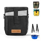 Leisuremix Dog Treat Pouch with Collapsible Bowl & Zippered Pockets Hands-Free Training Treat Pouch Bag for Dogs Waterproof Pet Waist Bag, Adjustable Strap Training, Hiking, Outdoor Use (Black)