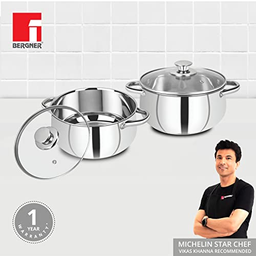 Image of Bergner Acier Stainless Steel Set of 2 Cook and Serve Casserole with 2 Glass Lids, 4 pcs, 2 Casseroles 16cm with 2 Glass Lids, Induction Bottom, Gas Ready, Silver
