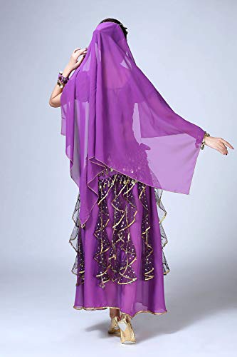 ORIDOOR Women Belly Dance Dress Indian Bollywood Halloween Costume Chiffon Skirts Shiny Belly Dance Suits 5-Piece Outfit, 004 Purple, One Size - Thumbnail 7