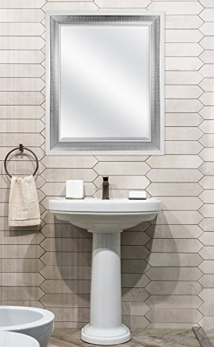 Image of MCS 28.5x34.5 Large Wall Mirror, White Frame with Woven Silver Detail & Beveled Detail Mirror, Vertical & Horizontal Wall Hanging Mirror for Bathroom, Bedroom & Livingroom