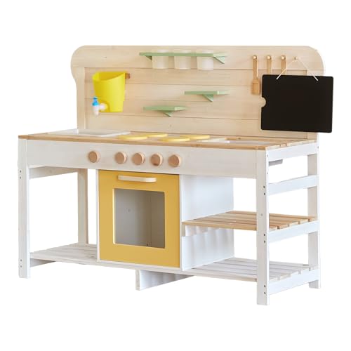 Giant bean Mud Kitchen for Kids Outdoor, Deluxe Wooden Toy Play Kitchen Set, with Sand and Water Sink, Blackboard and Kitchen Accessories for Boys and Girls Ages 3-8 Indoor & Outdoor Activities